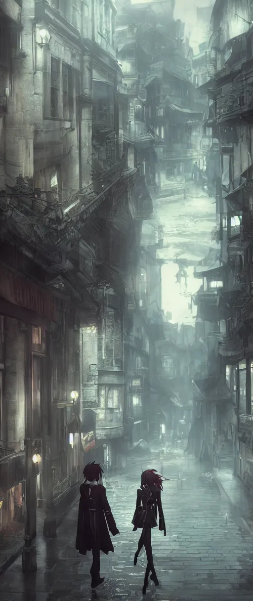 Image similar to lelouch lamperouge and asuka langley roaming the streets of dishonored town, dunwall city, redshift render, cinematic lighting, rainy weather, melancholy atmosphere, dunwall city, volumetric light, octane render, dishonored game, dishonored 1, gothic architecture, realistic reflections