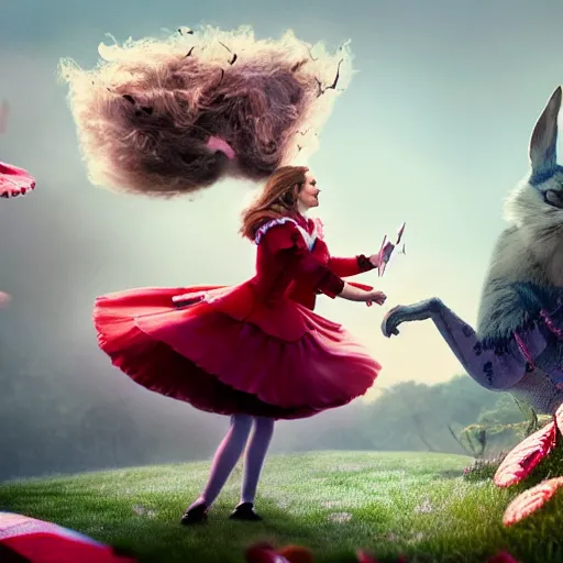 Prompt: tom cruise as Alice in Wonderland chasing the white rabbit, hyperrealistic, highly detailed, depth of field, High definition, 8k, octane render, artstation