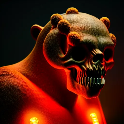 Prompt: a mutated bear monster illuminated by warm light, skull protruding from face, warped flesh, dreamlike, intricate detail, 3d render, octane render, god rays, depth of field, trending on artstation, 4k, hd