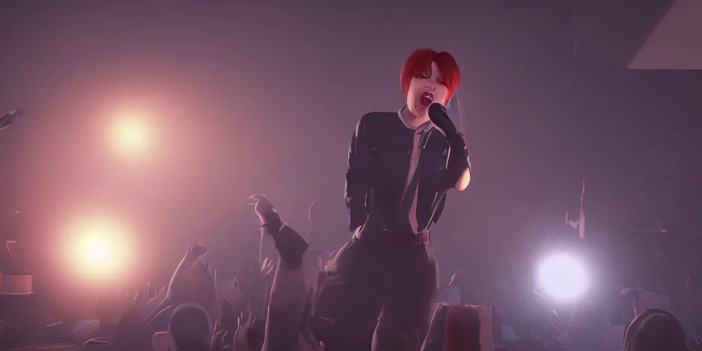 Image similar to Park Jimin singing on stage. photorealism, UHD, amazing depth, glowing, golden ratio, 3D octane cycle unreal engine 5, volumetric lighting, cinematic lighting, cgstation artstation concept art