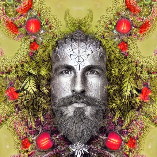 Prompt: a male knight with beard, stern face, clear eyes, shining armour made of steel, and fractal flowery hair in a fractal garden, glowing delicate flower, berries and ferns that grow in a dark fantasy forest, full frame,