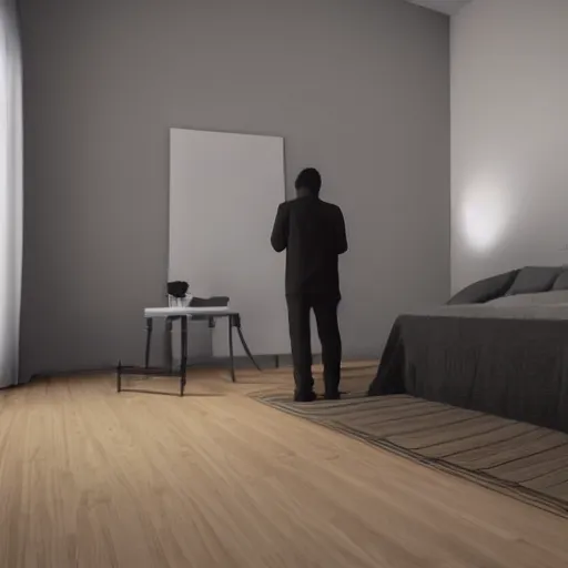 Image similar to hyper realistic photo of a room, with a tall black silhouette of a person, standing in front of a person sleeping in bed, at night