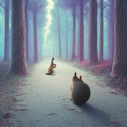 Image similar to an old squirrel walking with a walking cane, painted by Mike Winkelmann