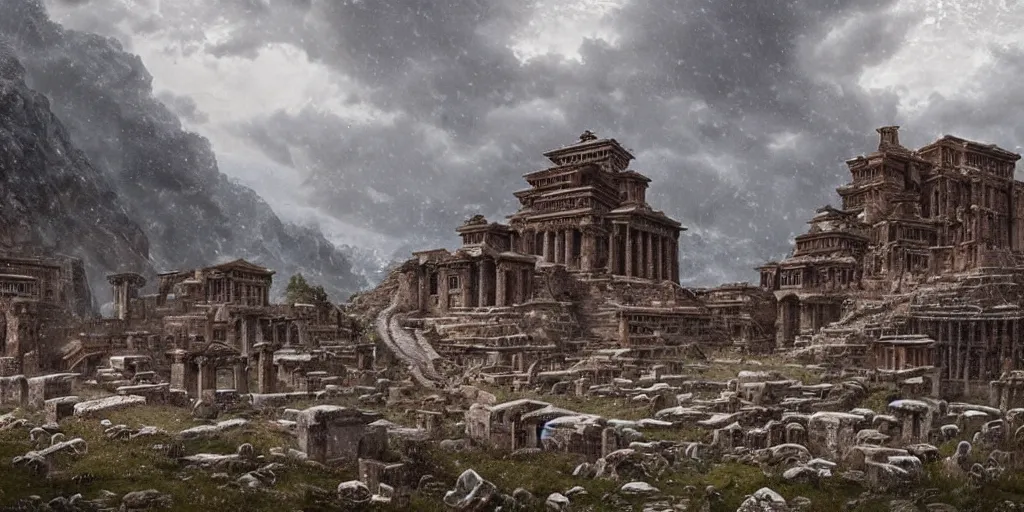 Image similar to immense and imposing tibetan and roman ruins in the mountains, a snow storm fills the sky, fantasy, magical lighting, Greg Rutkowski and Studio Ghibli and Ivan Shishkin