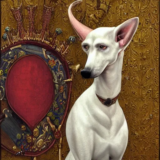 Prompt: Portrait of an anthropomorphic White Greyhound Monarch wearing a crown and holding a sceptre in a medieval blacksmiths. Very high quality. Drawn by James Christensen