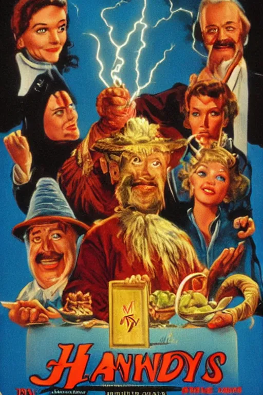 Image similar to vintage movie poster hanksgiving, tom hanks, turkey, a wizard, lightning, 1 9 8 2, drew struzan inspiration