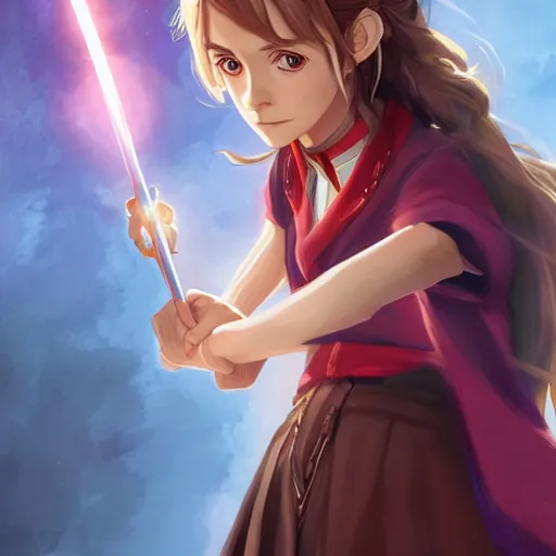 Prompt: anime portrait of Emma Watson as Hermione at Hogwarts holding her magic wand by Stanley Artgerm Lau, WLOP, Rossdraws, James Jean, Andrei Riabovitchev, Marc Simonetti, and Sakimichan, trending on artstation