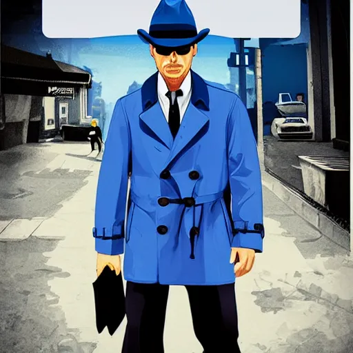 Prompt: man in a blue trench coat and a fedora, gta cover art