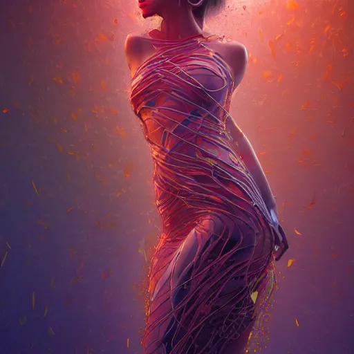 Image similar to a highly detailed digital image of an elegantly posed futuristic woman beautifully intertwined in chromatic liquid like leaves, full body shot, by Andrew Chiampo, artstation, and Frederik Heyman, extremely detailed woman, stunning volumetric lighting, hyper realism, fantasy 4k