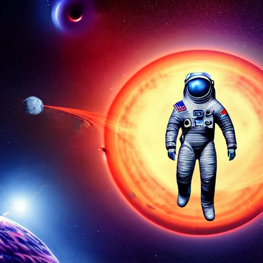 Image similar to beautiful digital art of an astronaut floating outside of a large cruiser spaceship with fine greeble detail in space in a armored black space suit, planets and a black hole visible in the background