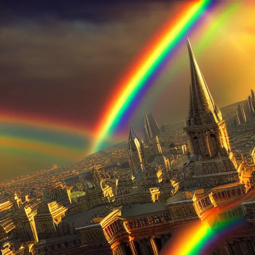 Image similar to Ornate Empire in the clouds heavenly beautiful sun light rainbows holographic iridescent dream 8k Depth of field Render HDR