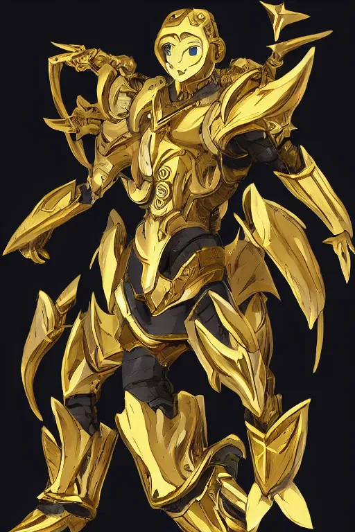Prompt: an anime showing the new golden armor zodiac Knight by tatsuya Yoshikawa artist Rendering the frog constellation armor . Sharp focus, full of details, by utsurowazaru mono and jet set radio , ,concept art, trending on artstation and cell shading