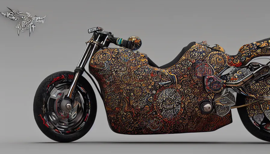 Image similar to a futuristic motorcycle decorated with batik motifs, trending on artstation, cinematic, octane render, ultrarealistic