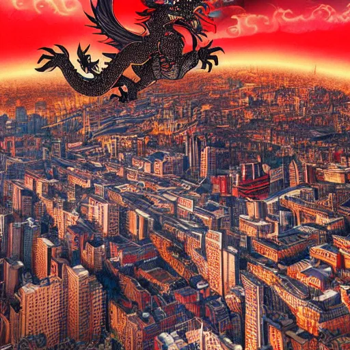 Prompt: Chinese Dragon flying above a bustling city, red gold black colors, fantasy, mythical, beautiful, trending on artstation