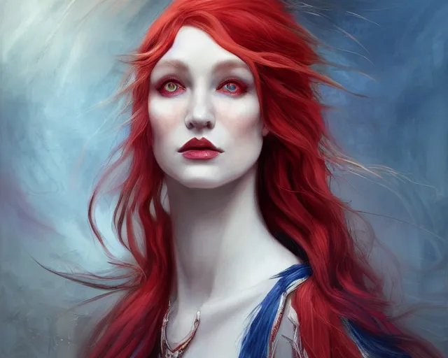 Image similar to A detailed matte oil on canvas head on symmetrical portrait of a distinguished elven woman with red and blue hair on an empty background, by Charlie bowater, Lise Deharme, Wlop, trending on artstationhd, dungeons and dragons art, parted hair , half blue, half red , split dye, critical role