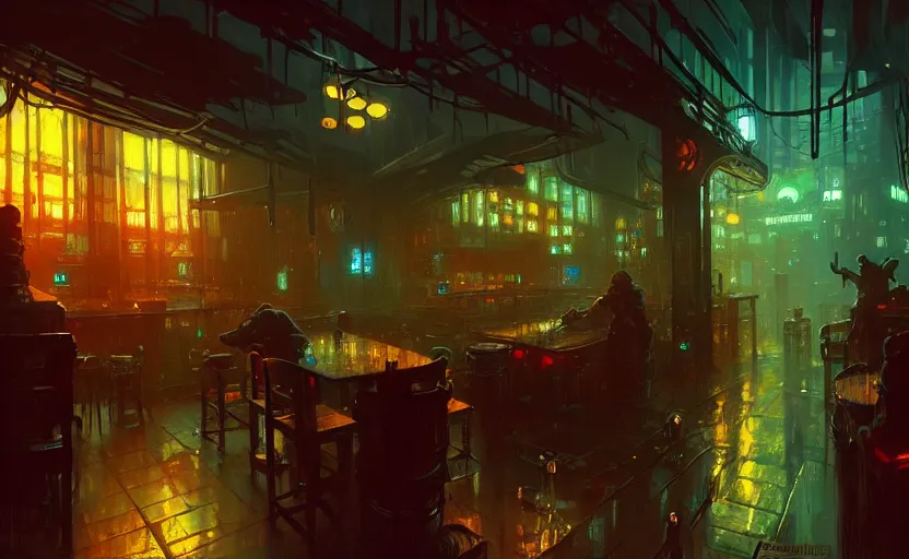 Image similar to a cyberpunk tavern with rainy and moody cinematic lighting by darek zabrocki and greg ruthkowski, alphonse mucha, simon stalenhag and cinematic and blue cold atmospheric, concept art, artstation, trending on artstation