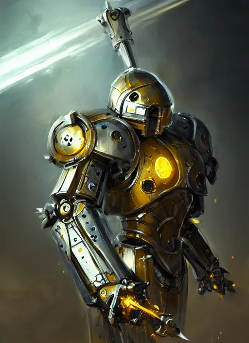 Prompt: full body, dynamic attack position abstract portrait of a intricate glorious holy mechanical warforged character in yellow armor holding a paladin engraved great longsword drawn and carrying a big paladin shield, glowing eye, face in focus, pit droid, epic , trending on ArtStation, masterpiece, cinematic lighting, by Ross Tran and by Greg Rutkowski