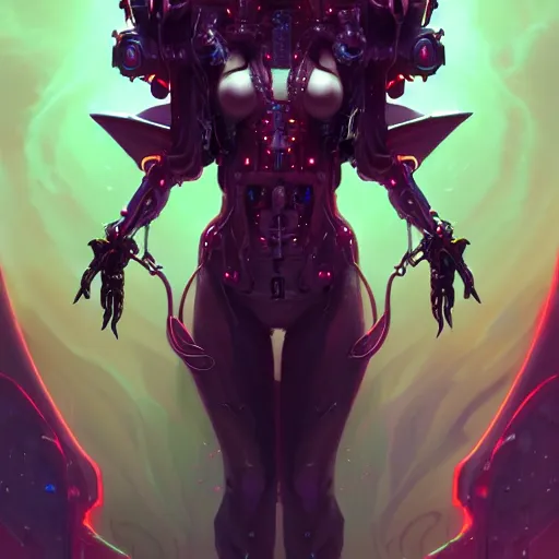Prompt: a portrait of a beautiful demonic cybernetic princess of hell, cyberpunk concept art by pete mohrbacher and wlop and artgerm and josan gonzales, digital art, highly detailed, intricate, sci-fi, sharp focus, Trending on Artstation HQ, deviantart, unreal engine 5, 4K UHD image