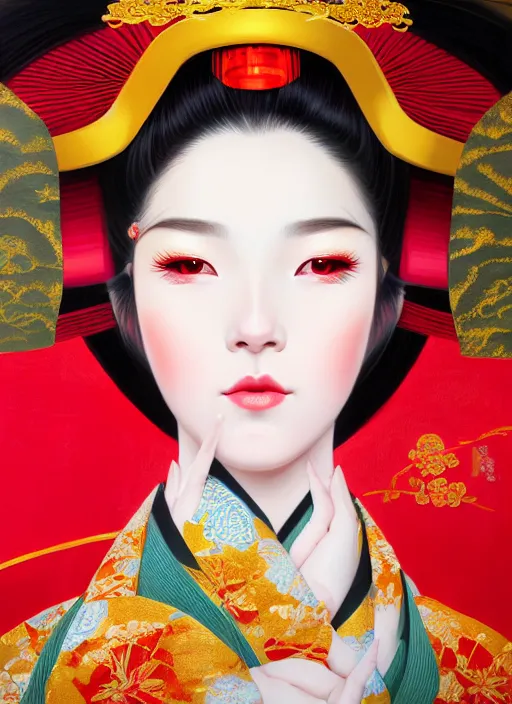 Image similar to dreamlike luxury stunning oiran portrait, red and gold kimono, art by artgerm, wlop, loish, ilya kuvshinov, 8 k realistic, hyperdetailed, beautiful lighting, detailed background, depth of field, symmetrical face, frostbite 3 engine, cryengine,