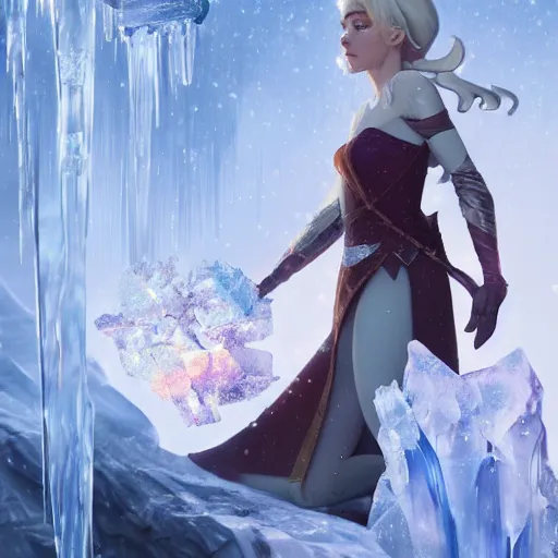 Prompt: a fantasy elf woman trapped and frozen trying to get out of a block of clear ice, with frozen flowers around her, treding artstation, greg rutkowski