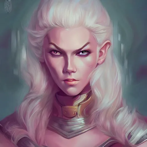 Prompt: White pink blonde fantasy paladin with slim elegant features, by Anato Finnstark and Randy Vargas, artgerm, digital illustration, beautiful, concept art