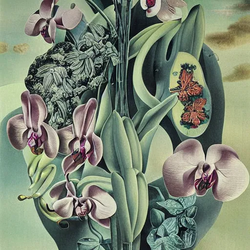 Image similar to infinite space on minestrone plants and orchids by cirico, salvador dali