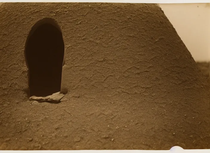 Prompt: Photograph of a small hexagonal dirt tumulus in a lush desert, with a wooden door, albumen silver print, Smithsonian American Art Museum