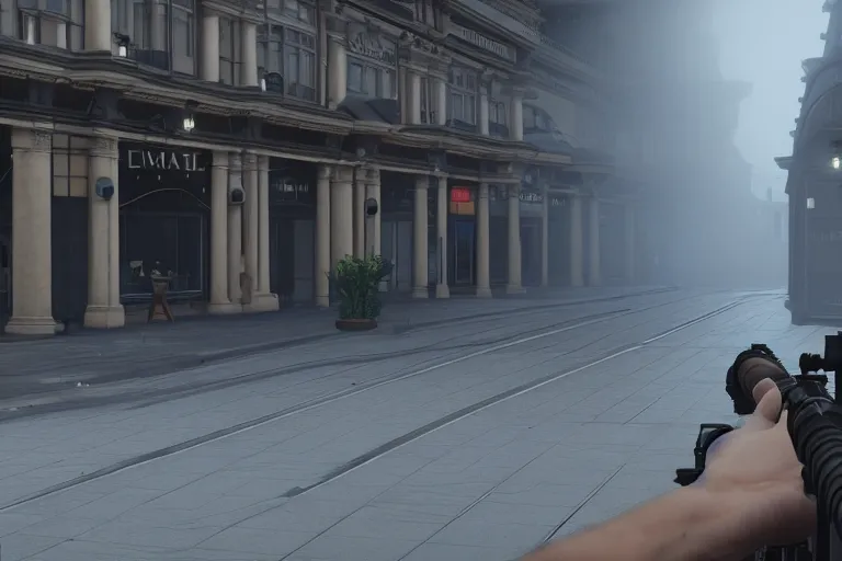 Prompt: a sniper sight aiming on a victorian shopping mall, cinematic lightning, ray tracing, unreal engine 5, photorealistic, 8 k, uhd, 4 k, fps game concept, extremely detailed, beautiful, elegant, intricate, foggy, in - game footage