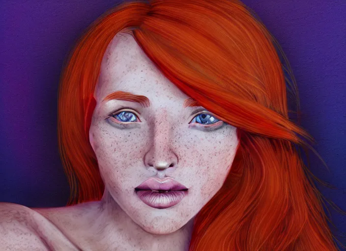 Image similar to portrait Girl with orange hair and freckles, purple background, cute-fine-face, pretty face, realistic shaded Perfect face, fine details. realistic shaded lighting by David Belliveau,