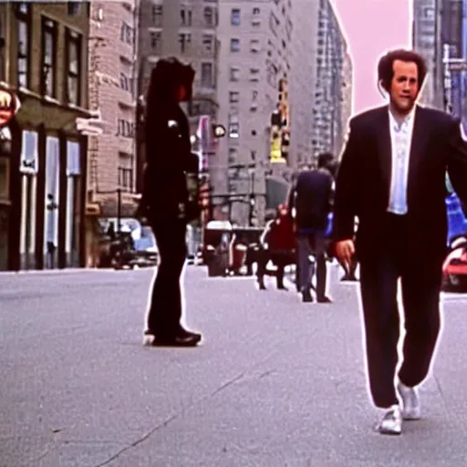 Prompt: seinfeld walks the streets of manhattan. this scene is filmed in cinematic 5. 7 k @ 1 0 fps.