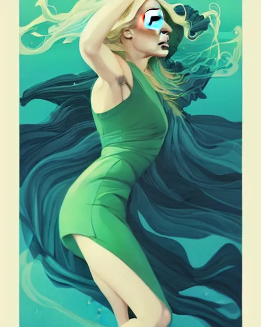 Image similar to style artgerm, joshua middleton, beautiful kristen bell with green dress, very long blue hair, water powers water swirling, symmetrical face, symmetrical eyes, detailed, beach setting, cinematic lighting
