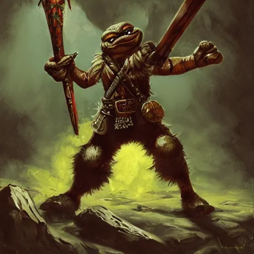 Image similar to pepe in War Hammer Epic fantasy art, cinematic asterpiece