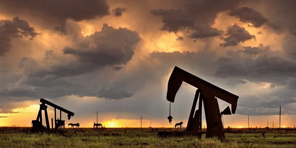 Prompt: photo of a stormy west texas sunset, perfect rustic ( ( pumpjack ) ), abandoned train, horses, cows, high resolution lightning, golden hour, high detail, beautiful!!!