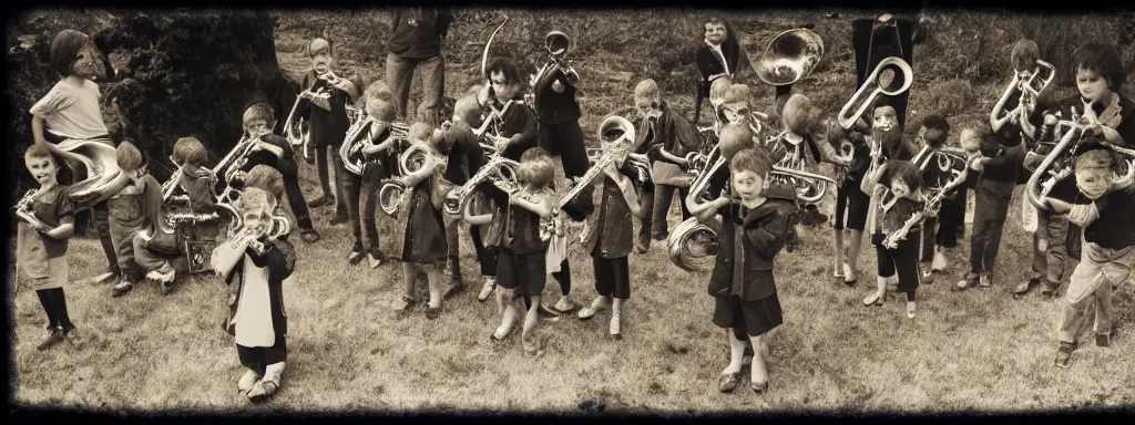 Prompt: a line of children throwing brass instruments into a pile, photorealistic, 7 0 mm film, unsaturated, sad, dreary, tim burton style, dark