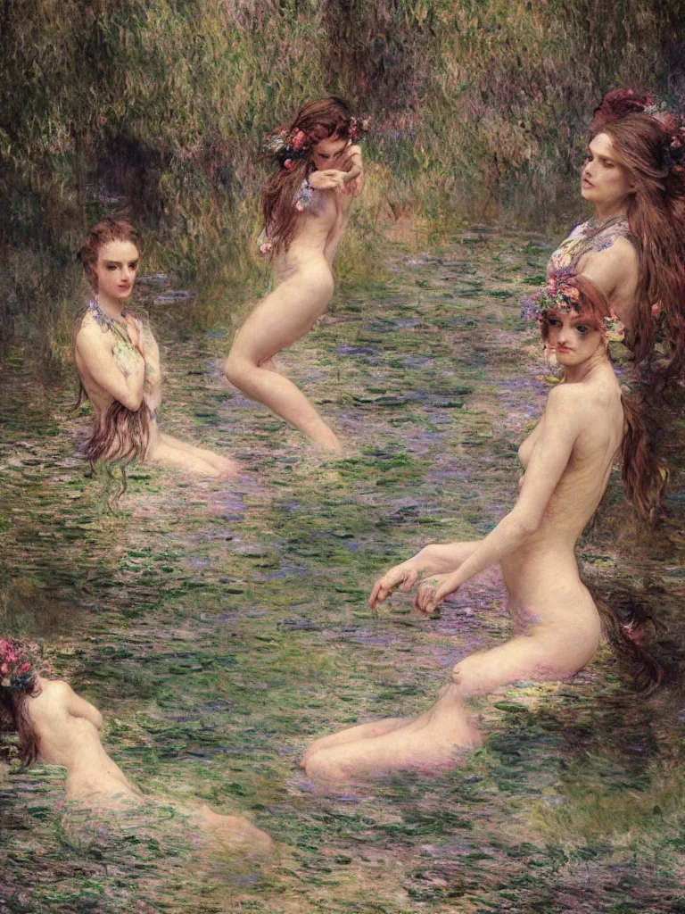 Prompt: illustration studio portrait of three dark beautiful mermaids female energy in artistic poses in the river at the forest, monet painterly motives and textures pattern, hyper detailed, octane render, vivid colors, artstation, by jeremy mann, by alphonse mucha, by monet