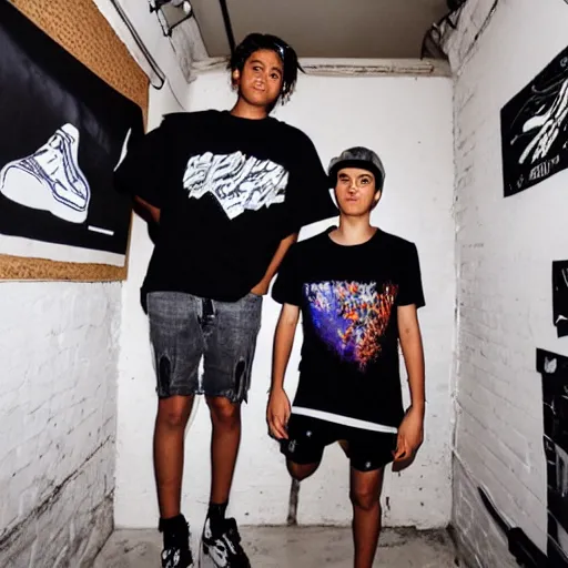 Prompt: teens wearing streetwear screenprinting shirts in their basement.