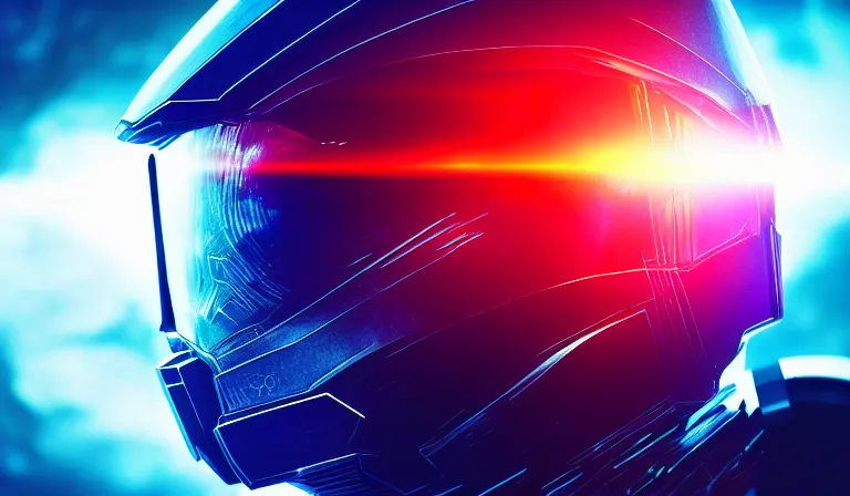 Image similar to cyberpunk halo helmet on space, planet behind, close shot, reflection, epic, dramatic, cinematic, award winning, ultra detailed, realistic, 8k,