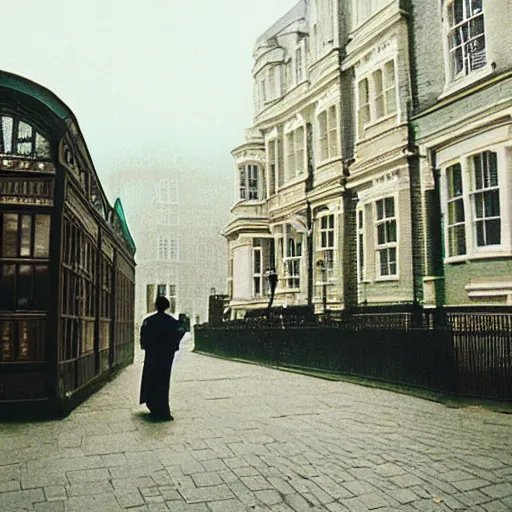 Image similar to “35mm film photography of Victorian London, cinestill 800t, grain”