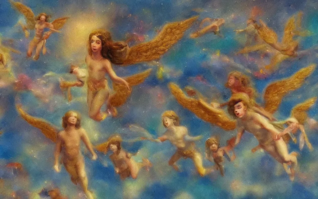 Prompt: vision of angels - a painting of an angel flying in the sky, with a group of angels flying in front of it by dave gibbons and dora maar, style of bokeh tilt shift