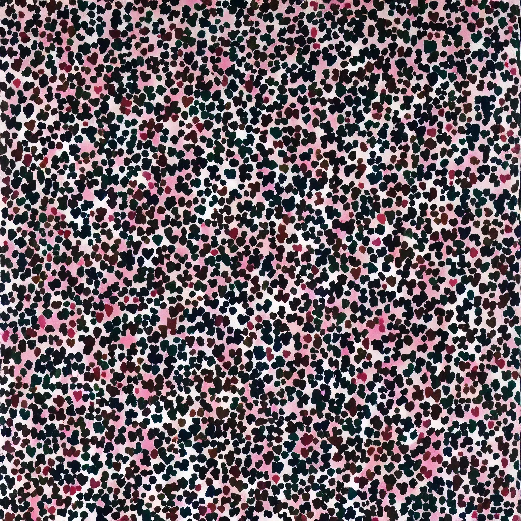 Image similar to camouflage made of hearts, smiling, abstract, rei kawakubo artwork, cryptic, dots, stipple, lines, splotch, color tearing, pitch bending, color splotches, dark, ominous, eerie, minimal, points, technical, old painting