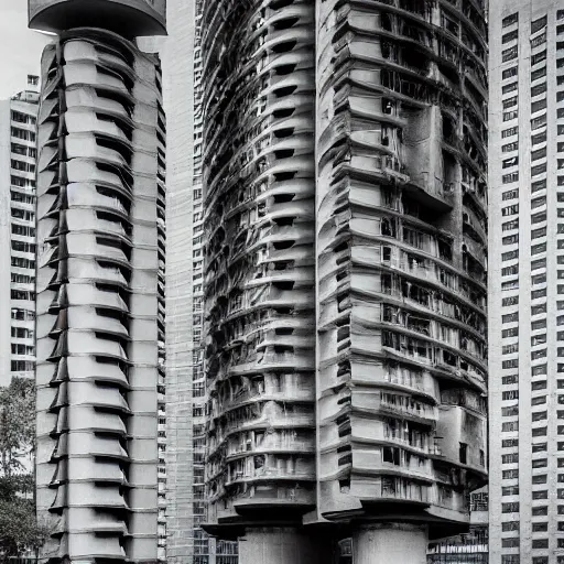 Prompt: a sci - fi beautiful brutalist hypermodern monument, with many rounded elements sprouting from the base tower creating a feel of an organic structure, photography