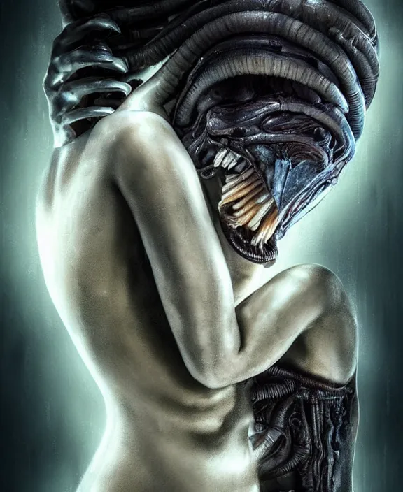 Image similar to xenomorph hugging pale sad beauty merging, dark mist colors, giger background liminal void, digital art, cinematic lighting, realistic, award winning photograph, various refining methods, micro macro autofocus