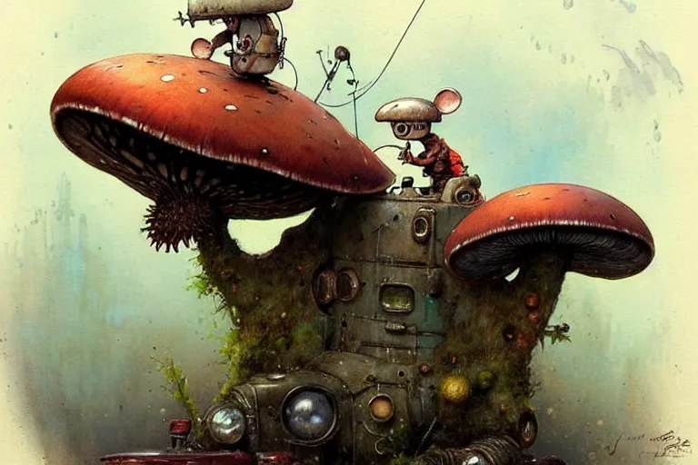 Image similar to adventurer ( ( ( ( ( 1 9 5 0 s retro future robot mouse amphibious vehical home. muted colors. swamp mushrooms ) ) ) ) ) by jean baptiste monge!!!!!!!!!!!!!!!!!!!!!!!!! chrome red