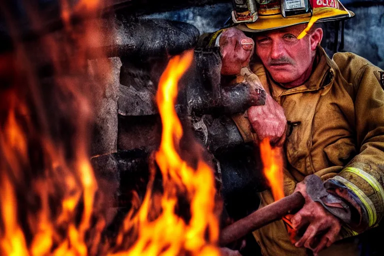 Image similar to closeup potrait firefighters lighting fires, natural light, sharp, detailed face, magazine, press, photo, Steve McCurry, David Lazar, Canon, Nikon, focus