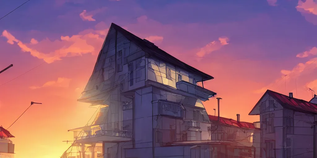 Prompt: a soviet city panel building house with sunset sky, ultra high quality, 4 k, by miyazaki and makoto shinkai, anime screenshot, colorful, artstation, pixiv,