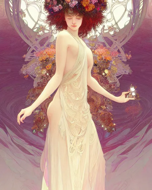 Image similar to Ethereal Floralpunk elysian Maiden of radiant light wearing ivory dress made of stardust masterpiece digital illustration by Ruan Jia and Ilya Kuvshinov, award winning, Artstation, art nouveau aesthetic, Alphonse Mucha background, intricate details, realistic, full view, Hyperdetailed, 8k resolution, Artstation, behance