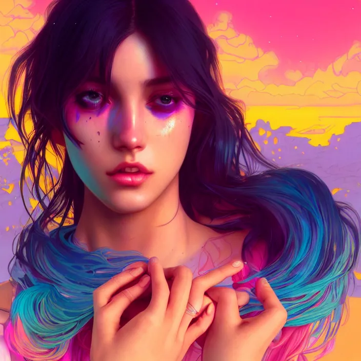 Image similar to young woman, gorgeous face, vaporwave aesthetic, synthwave, colorful, psychedelic, broken, shattered, beaten, sadness, crying, tears, artstation, concept art, smooth, extremely sharp detail, finely tuned detail, 8 k, unreal engine 5, ultra sharp focus, illustration, art by artgerm and greg rutkowski and alphonse mucha