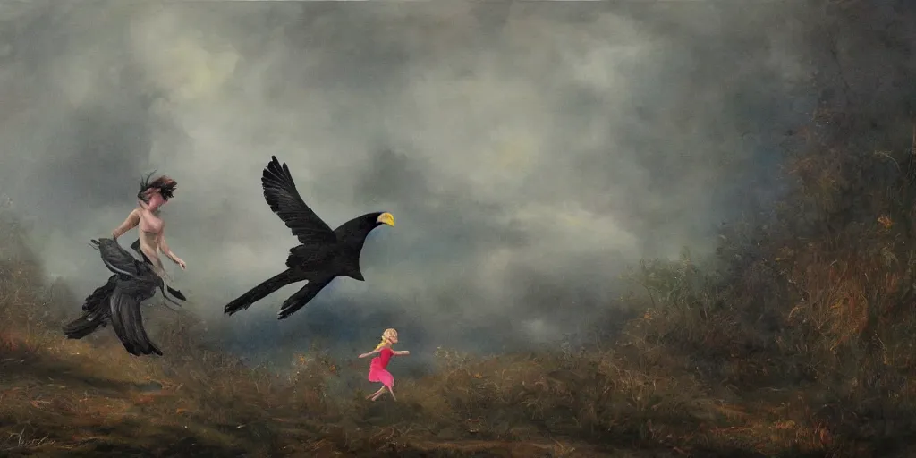 Prompt: giant crow painting chasing a girl in a magical landscape