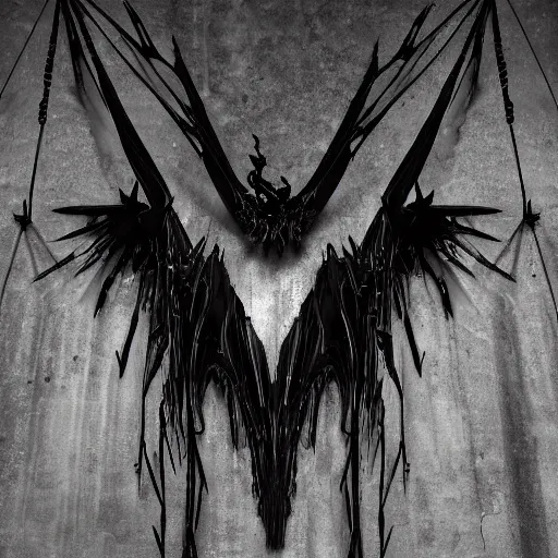 Prompt: “high resolution photograph of asymmetrical 3d black metal vaguely winged creature made of glossy black liquid latex and an iron armature, spidery irregular shapes, suspended from ceiling in abandoned tunnel, brutalist, 8k hyperrealistic, hyper-detailed, highly textured, dark volumetric lighting, fine details, muted, octane render, asymmetry” — w 1084 - n 7 —s 20 —i