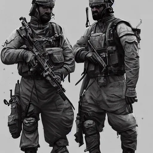 Prompt: Modern British mercenaries in grey uniforms with black armor vests in Afghanistan 2020, by Cedric Peyravernay, highly detailed, excellent composition, cinematic concept art, dramatic lighting, trending on ArtStation, combat photography